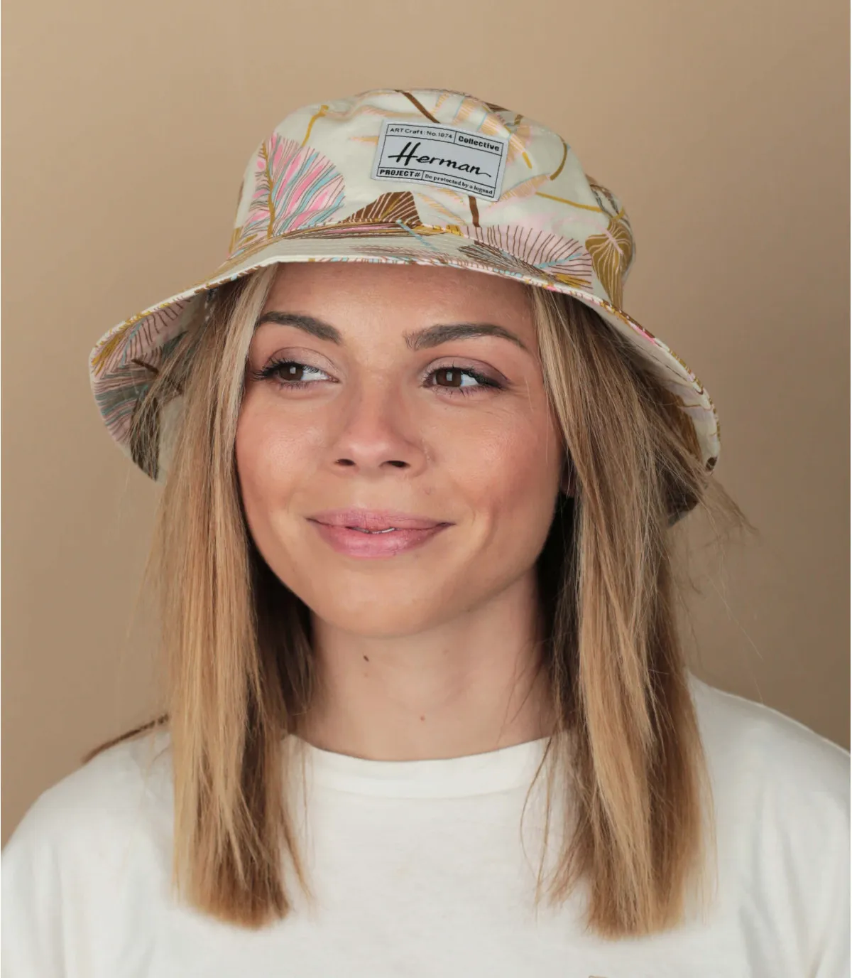 Cappello da pescatore fiori tropicali beige herman  Punta beige     