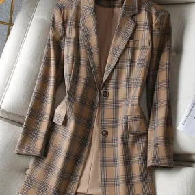 Cappotto blazer casual da donna scozzese grigio caffè Giacca ampia monopetto a maniche lunghe femminile per abbigliamento da lav
