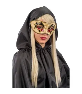Maschera veneziana in plastica dec.rosse e nere passamaneria