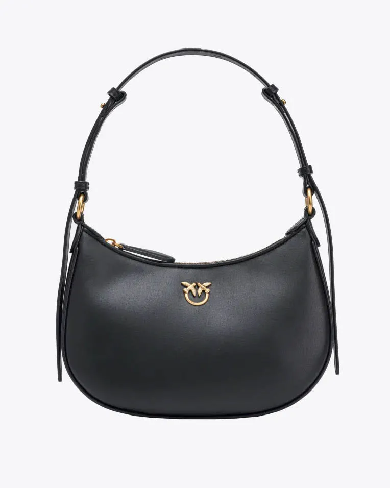 Mini Love Bag Half Moon in pelle liscia nera con logo Love Birds dorato in metallo frontale