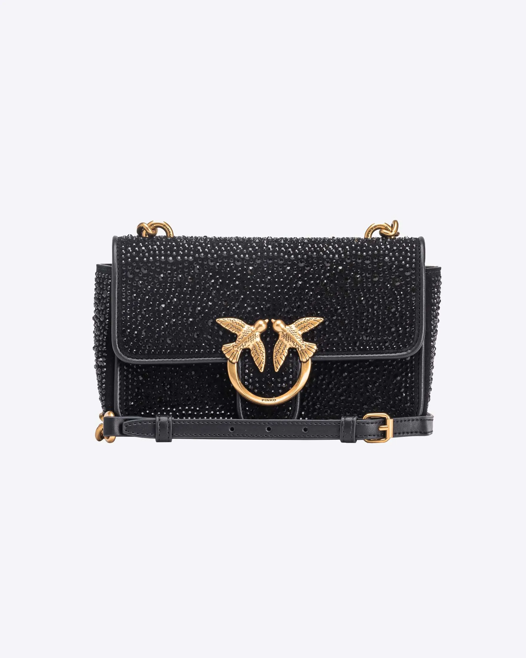 Mini Love Bag One nera in pelle con strass tono su tono applicati all over