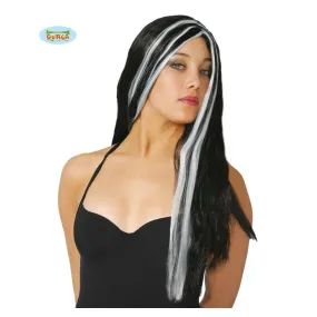 Parrucca Strega Nera Meches Bianche Morticia Addams Accesori Carnevale