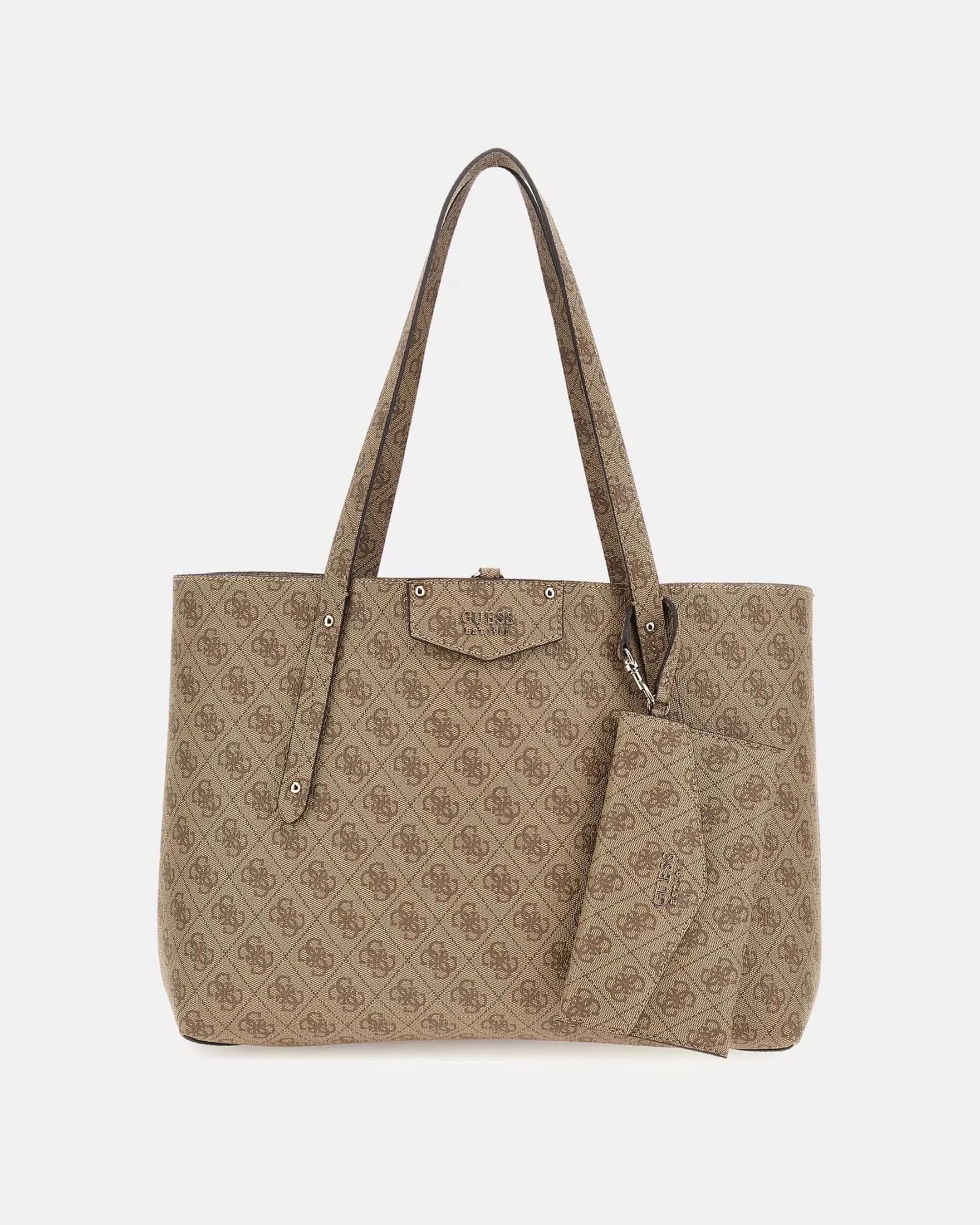 Shopping bag in similpelle saffiano beige con motivo monogram cuoio con pochette e bustina in coordinato