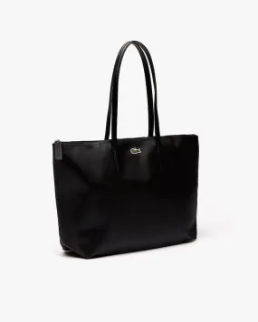 Shopping bag nera misura grande in tela piqué con logo coccodrillo ricamato