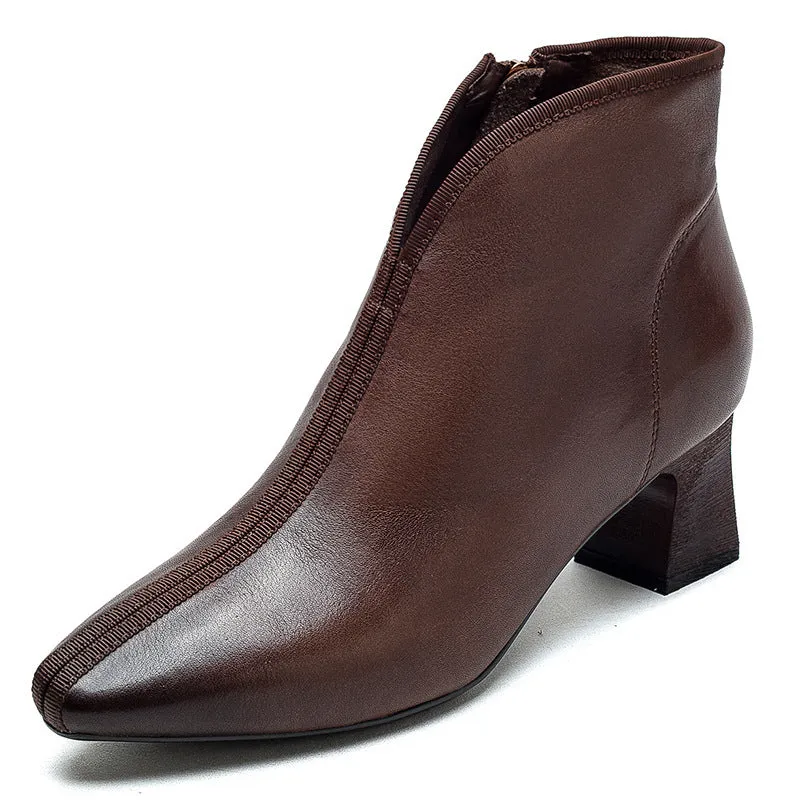 Stivali con tacco grosso in pelle minimalista retrò da donna