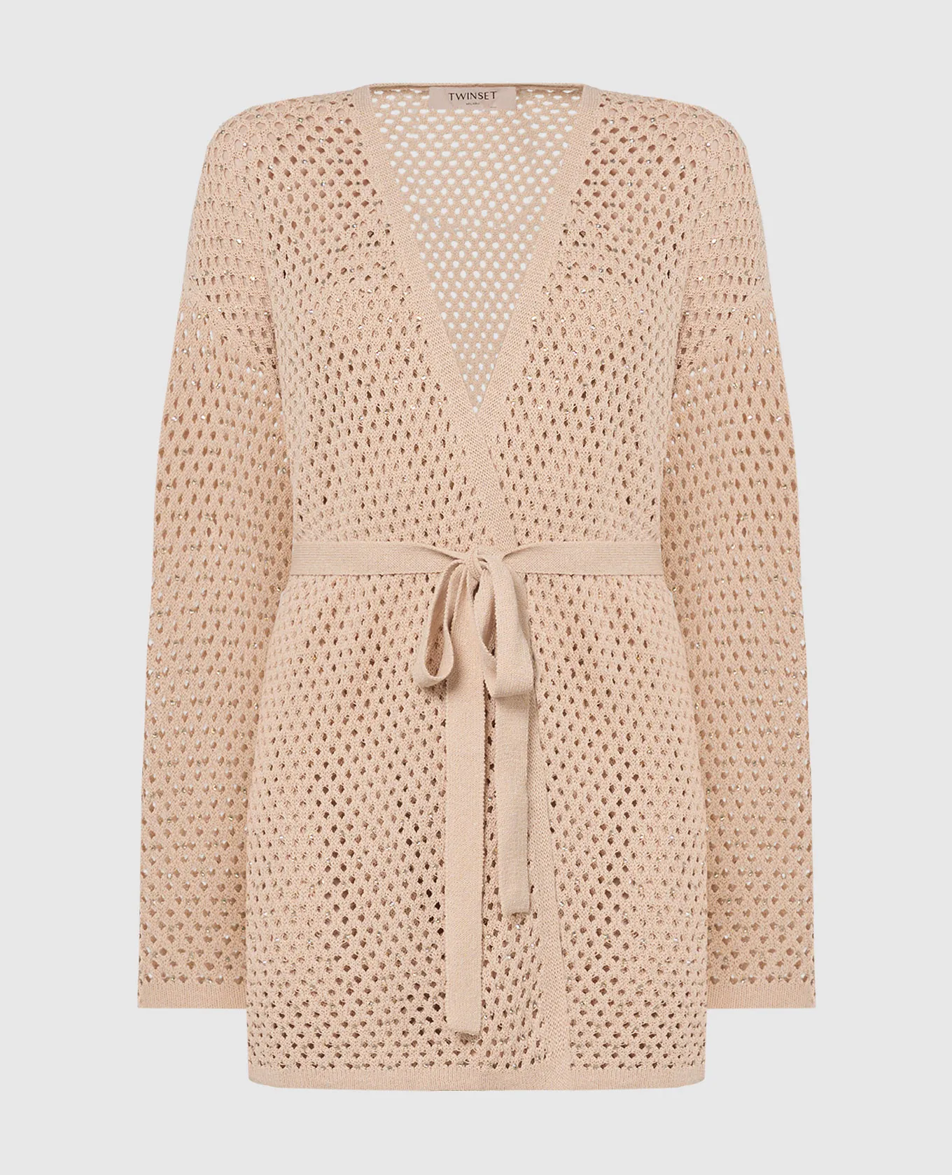 Twinset Cardigan beige traforato in lino con cristalli 241TT3083